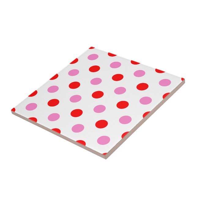 Röd och rosa på vit prickig design  kakelplatta (Sidan)