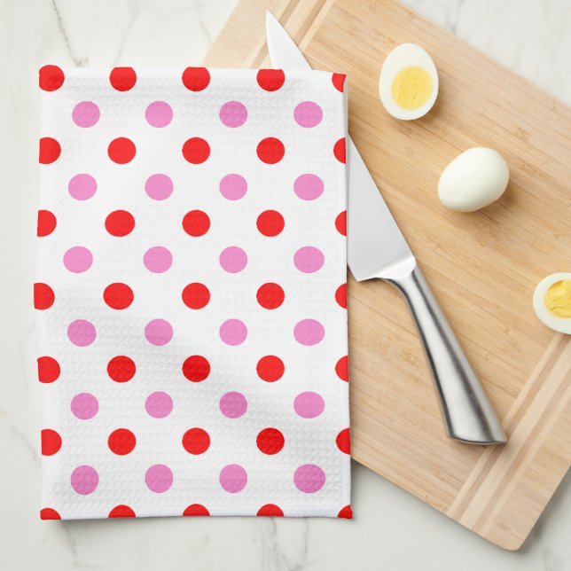 Röd och rosa på vit prickig design  kökshandduk (Vikt i Fjärdedel)
