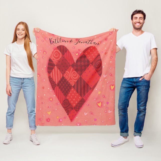 Röd och Rosa Patchwork Heart Personlig Fleecefilt (På plats)
