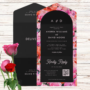 Röd och Rosa Poppy Blommigt Mörk QR-kod för bröllo