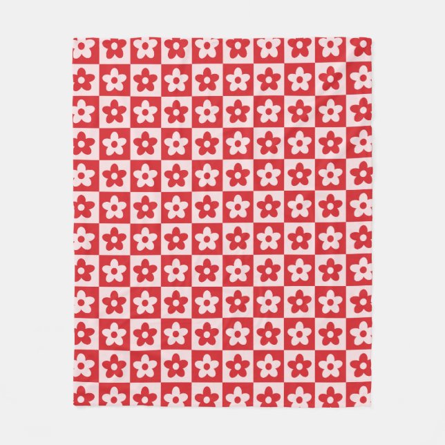 Röd och Rosa Retro kontrollerad blomma Mönster Fleecefilt (Framsidan)