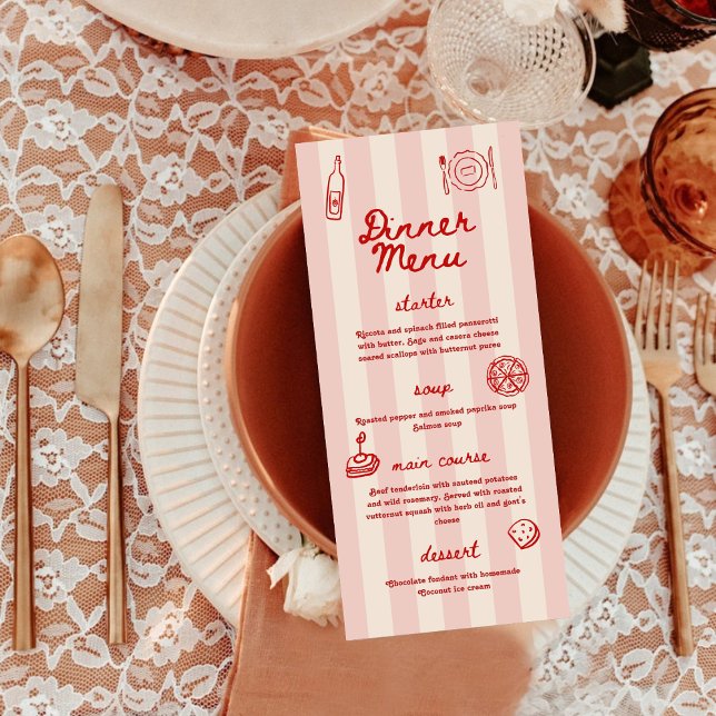 Röd och rosa retroillustrerad | Middag Bröllop Meny (Skapare uppladdad)