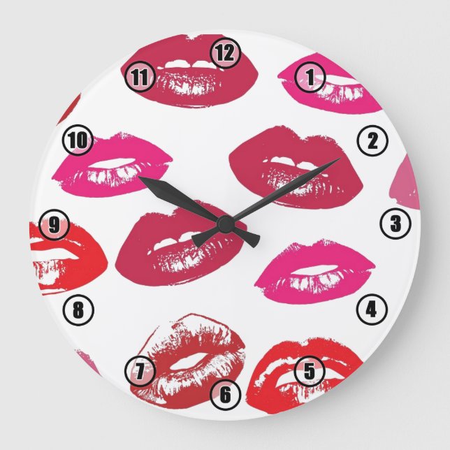 Röd och Rosa Sexy Lipstick Läppar Wall Clock Stor Klocka (Framsida)