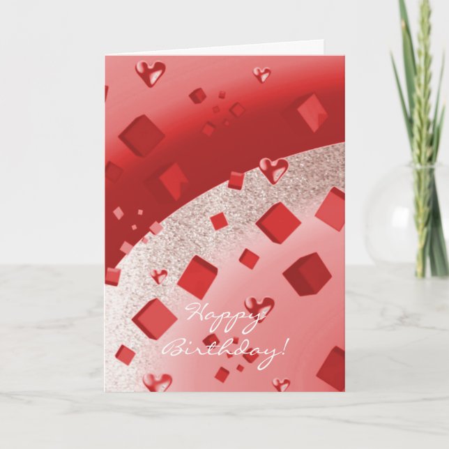 Röd och roséguld falsk glitter födelsedagskort kort (Framsida)