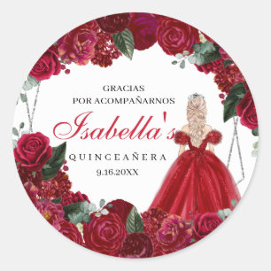 Röd och Silver Blommigt Quinceanera Runt Klistermärke