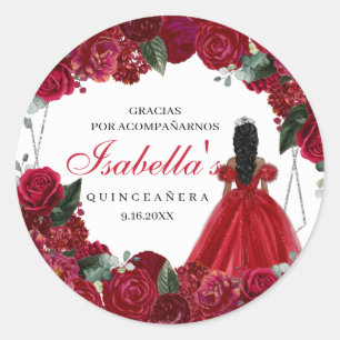 Röd och Silver Blommigt Quinceanera Runt Klistermärke