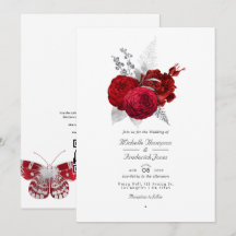 Röd och silver Vintage Rose QR-kod RSVP Bröllop