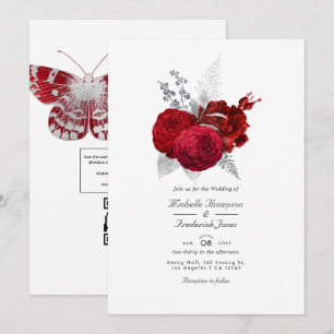 Röd och silver Vintage Rose QR-kod RSVP Bröllop Inbjudningar