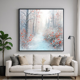 Röd och snöig skog - Impressionistisk konst Poster