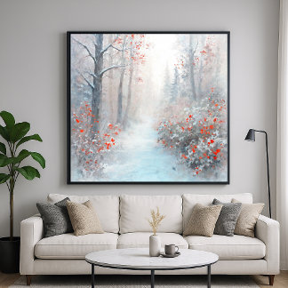 Röd och snöig skog - Impressionistisk konst Poster