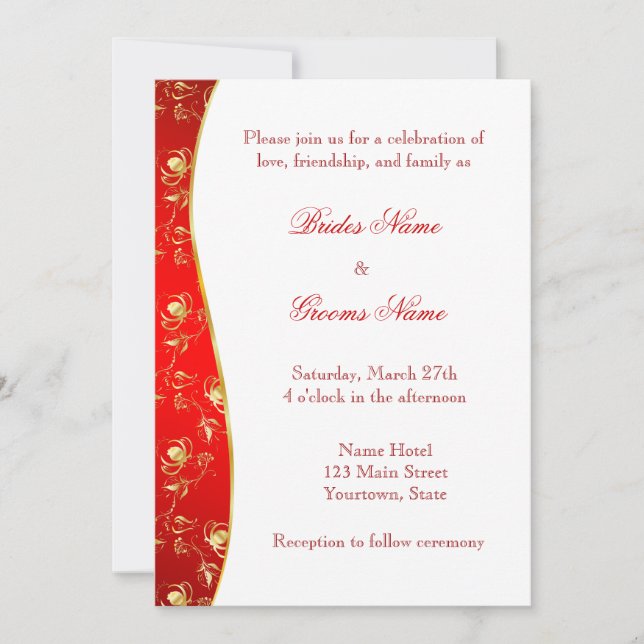 Röd och stilfull guld- mönsterbröllopinbjudan inbjudningar (Framsida)
