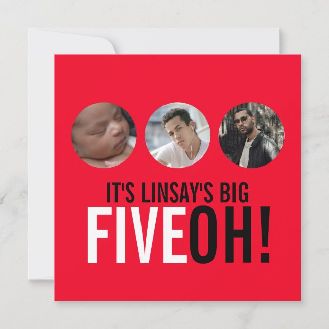 Röd och svart 50:e FIVEOH! fotofödelsedag inbjudan (Framsida)