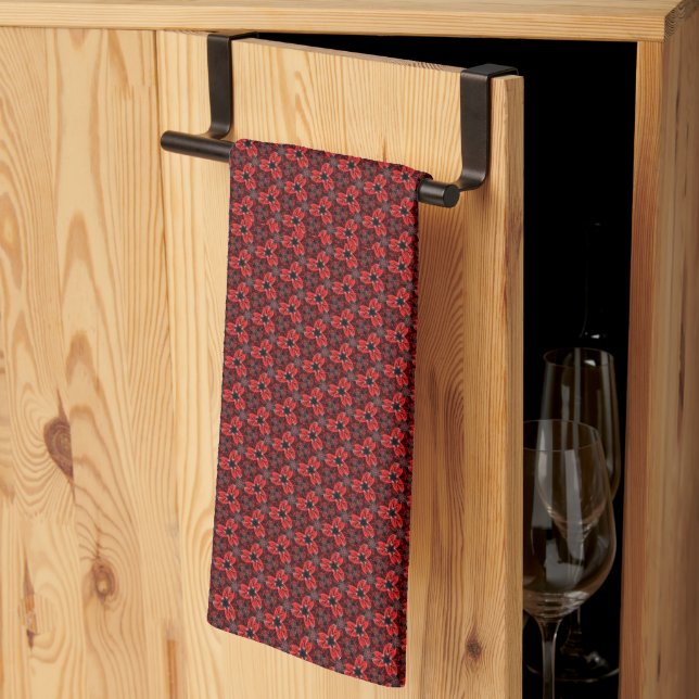 Röd och svart Blommigt Visa Tea Towel Kökshandduk (Thirds Fold)