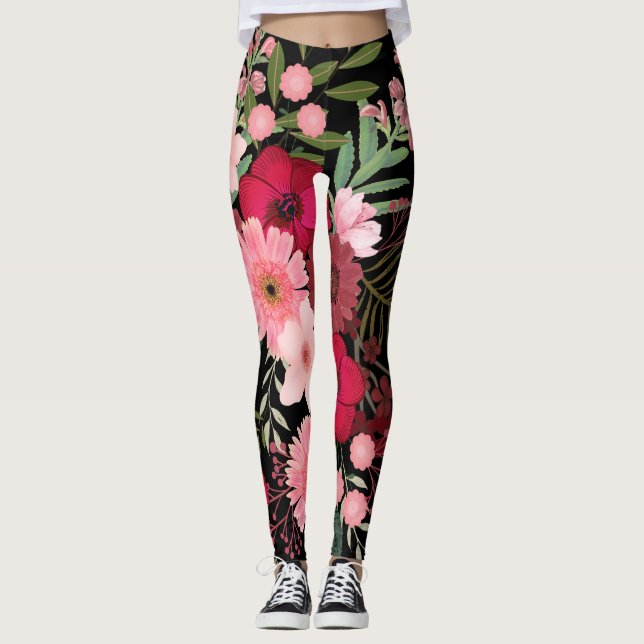 Röd och svart Blommönster Leggings (Framsida)