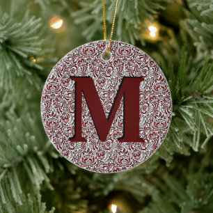 Röd och svart blomster monogram keramisk prydnad julgransprydnad keramik