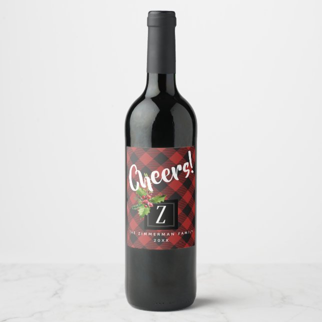 Röd och svart Buffalo Play-jul - Monogram Vinflaska Etikett (Framsida)