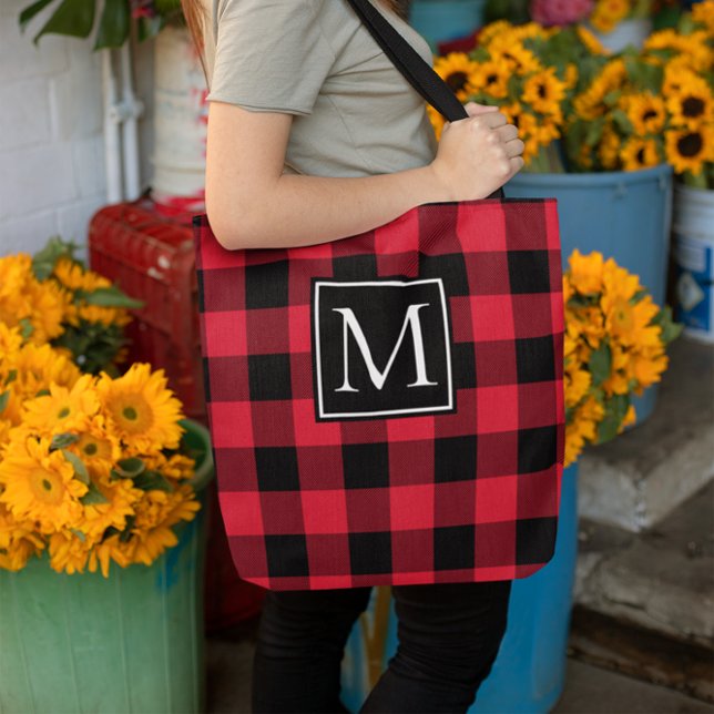 Röd och svart buffalo Play Monogrammed Tygkasse (Monogrammed Buffalo Plaid Tote Bag)