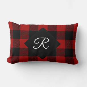 röd och svart Buffalo-ruta med monogram Lumbarkudde