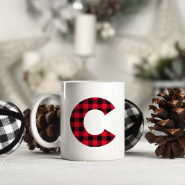 Röd och svart Buffalo-rutig fet bokstav C-monogram Kaffemugg