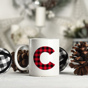 Röd och svart Buffalo-rutig fet bokstav C-monogram Kaffemugg
