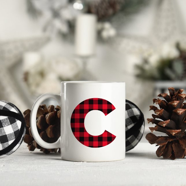 Röd och svart Buffalo-rutig fet bokstav C-monogram Kaffemugg (Letter C Monogram)