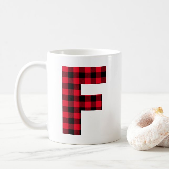 Röd och svart Buffalo-rutig fet bokstav F monogram Kaffemugg (Med munk)