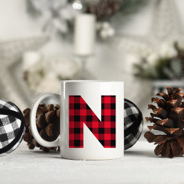 Röd och svart Buffalo-rutig fet bokstav N monogram Kaffemugg