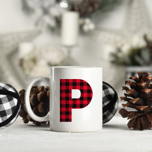 Röd och svart Buffalo-rutig fet bokstav P-monogram Kaffemugg
