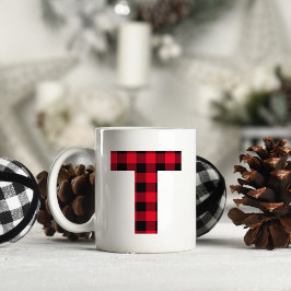 Röd och svart Buffalo-rutig fet bokstav T-monogram Kaffemugg