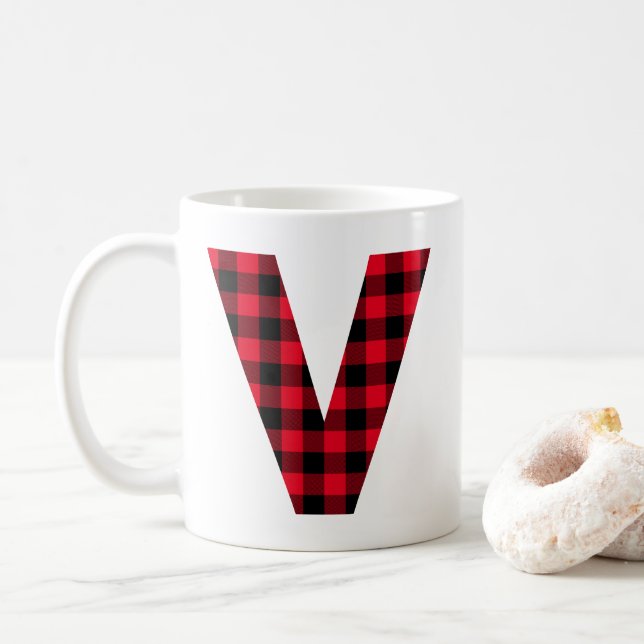 Röd och svart Buffalo-rutig fet bokstav V-monogram Kaffemugg (Med munk)