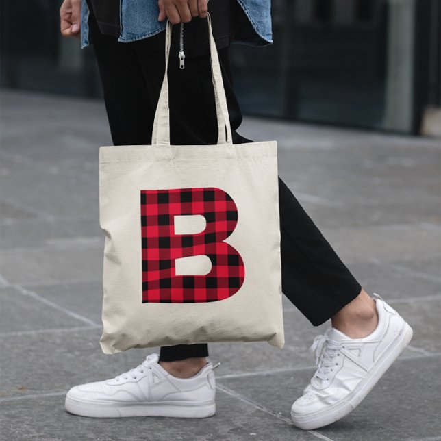 Röd och svart Buffel Plaid Fet Bokstav B Monogram Tygkasse (Red and Black Buffalo Plaid Bold Letter B Monogram Tote Bag)