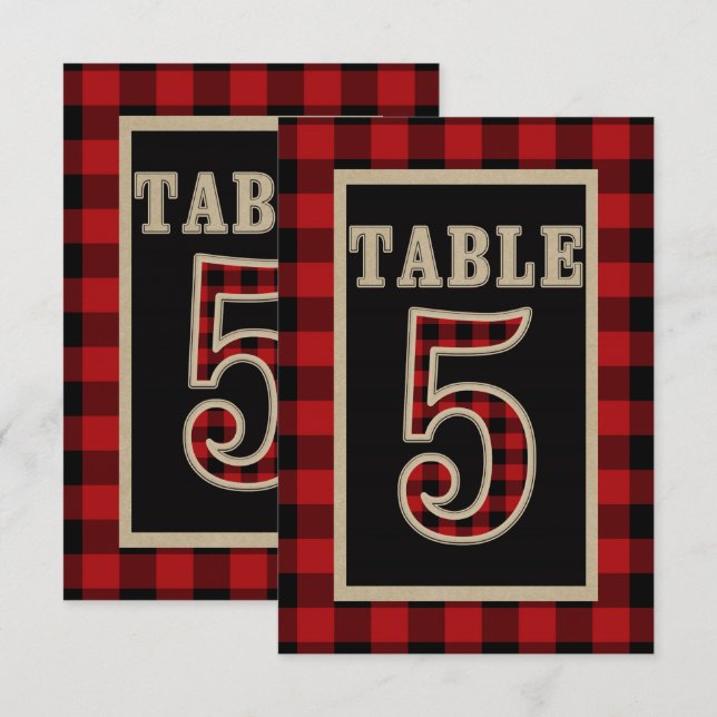 Röd och svart buffel Plaid rustik bord nummer 5 Inbjudningar (Fram/baksida)