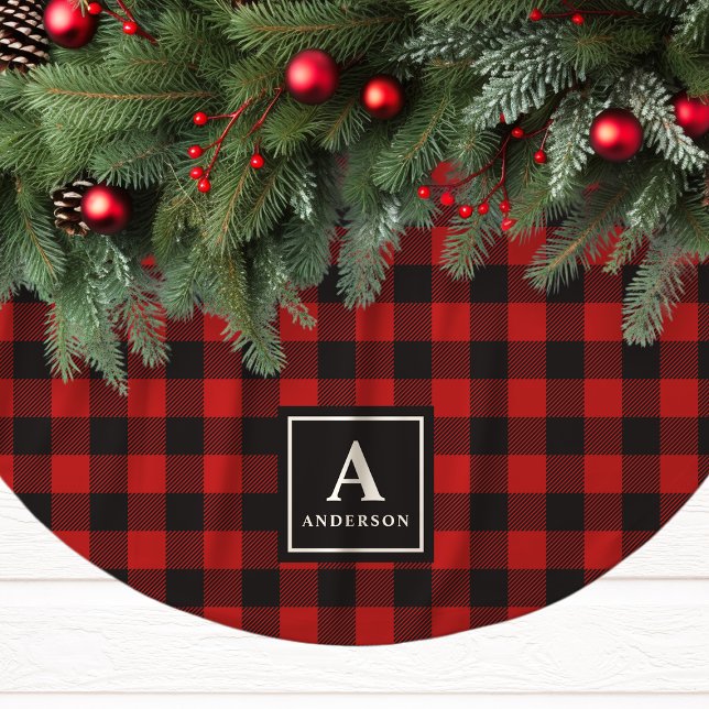 Röd och svart buffelkarorät monogram julgransmatta borstad polyester (Skapare uppladdad)