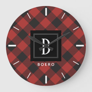 Röd och svart buffelplädMonogram Stor Klocka