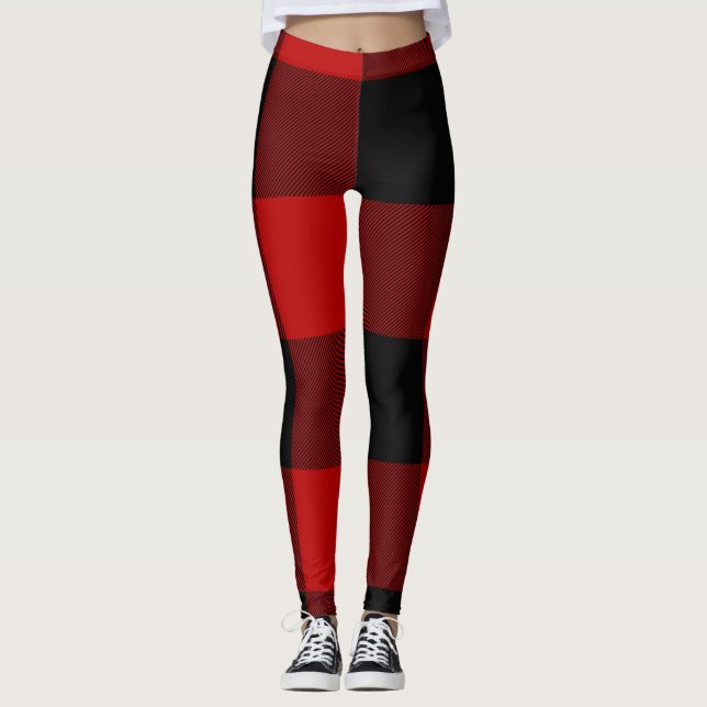 Röd och svart buffelrutig rutig leggings (Framsida)