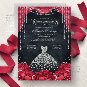 Röd och svart diamantblommig Quinceanera Inbjudningar