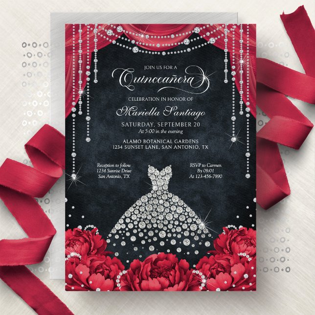 Röd och svart diamantblommig Quinceanera Inbjudningar (Skapare uppladdad)