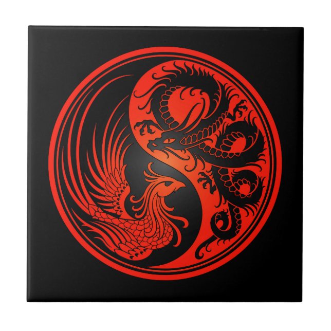 Röd och svart drake Phoenix Yin Yang Kakelplatta (Framsidan)