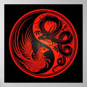 Röd och svart drake Phoenix Yin Yang Poster