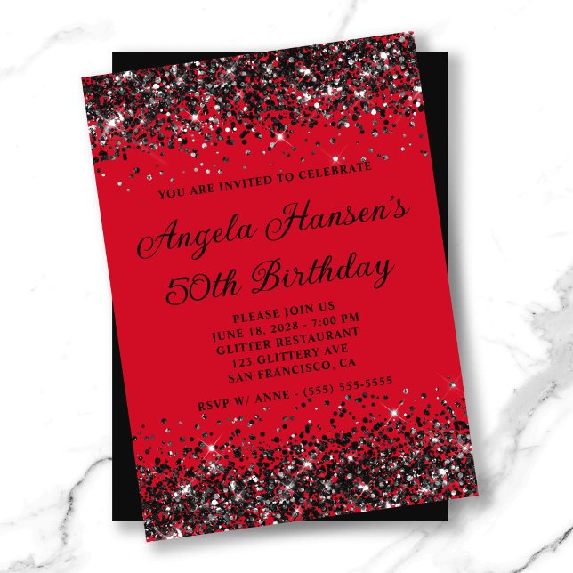 Röd och svart glitter 50-årsfirande inbjudningar (Red and Black Glitter 50th Birthday Invitation)