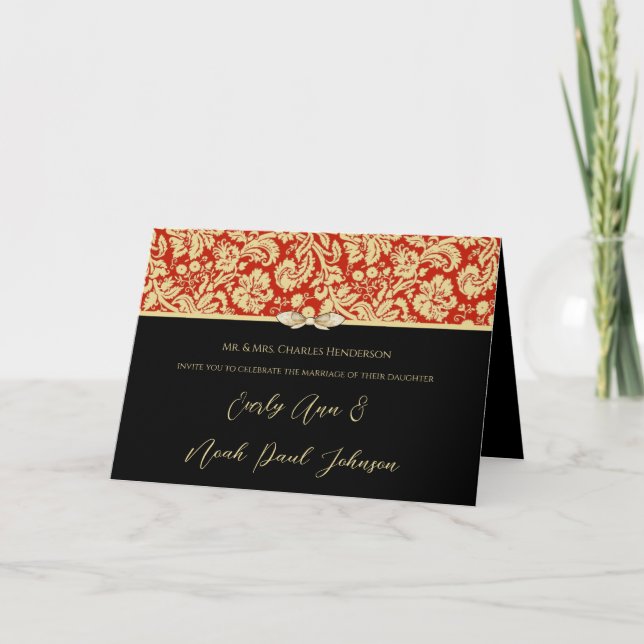 Röd och svart inbjudan till Damask Wedding (Framsida)