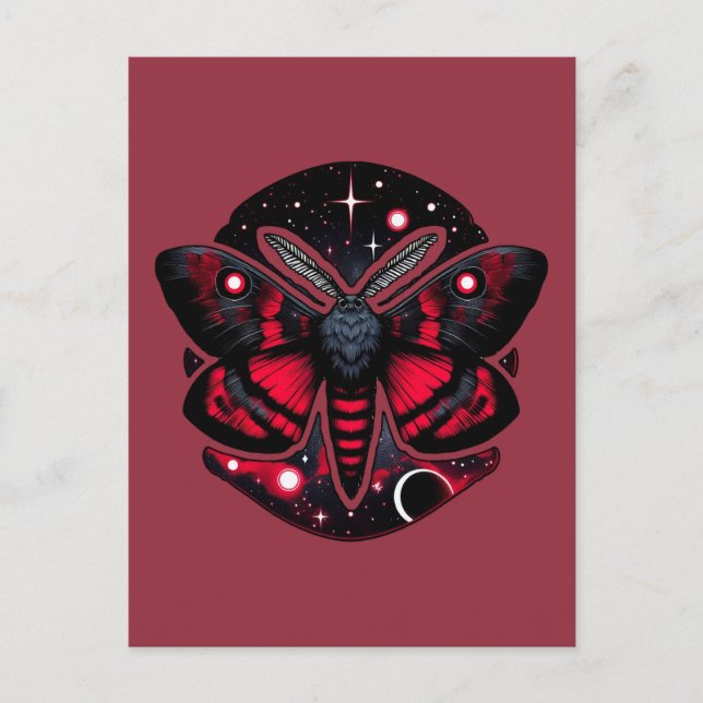 Röd och Svart Kosmisk Moth - Celestial Mystisk Vykort (Framsida)