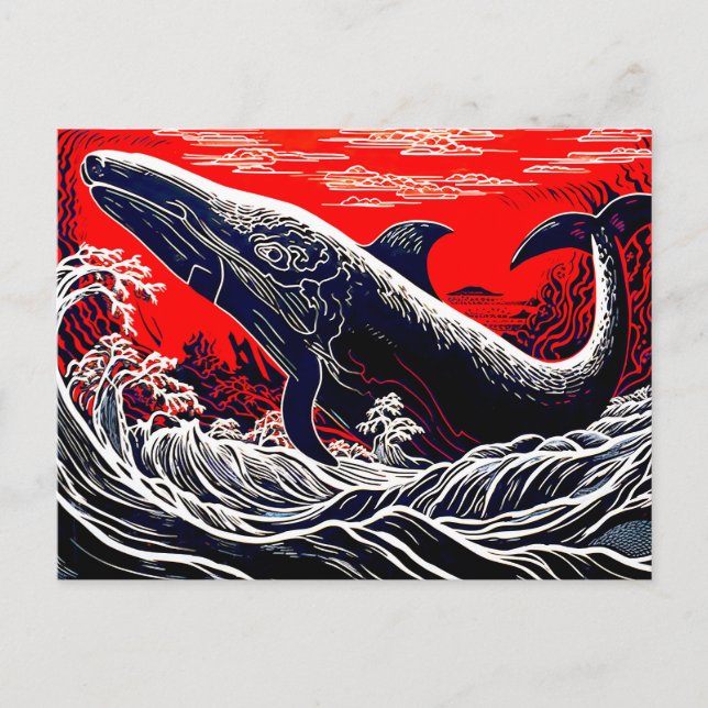 Röd och svart Linocut Sperm Whale Bcome Vykort (Framsida)