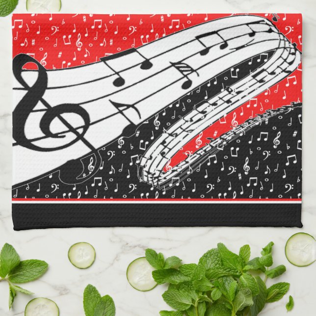 Röd och svart musiktemahandduk kökshandduk (Vikta)