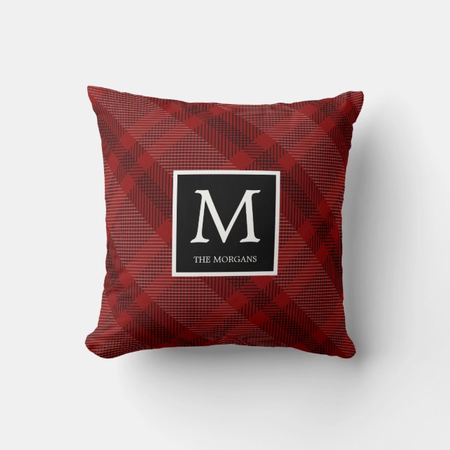 Röd och svart plagd med Monogram Kudde (Framsida)