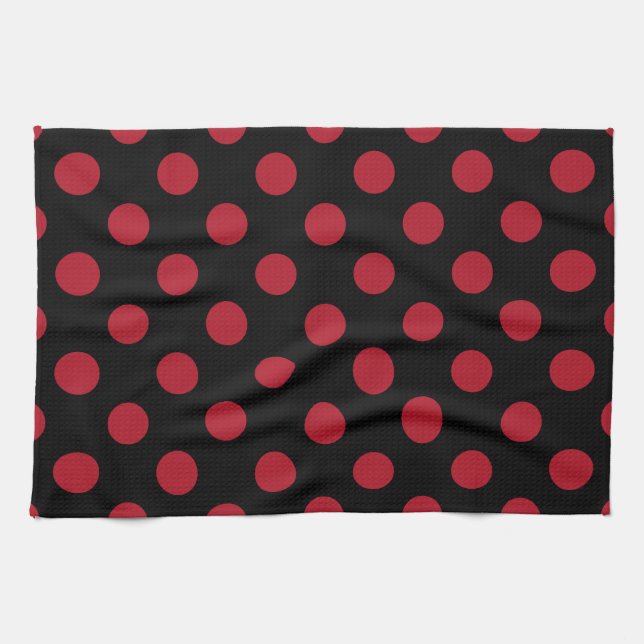 Röd och svart polka dots kökshandduk (Horisontell)