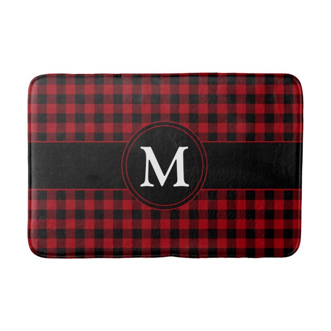 Röd Och Svart Rutig Plaid Personlig Monogram Badrumsmatta (Framsidan)