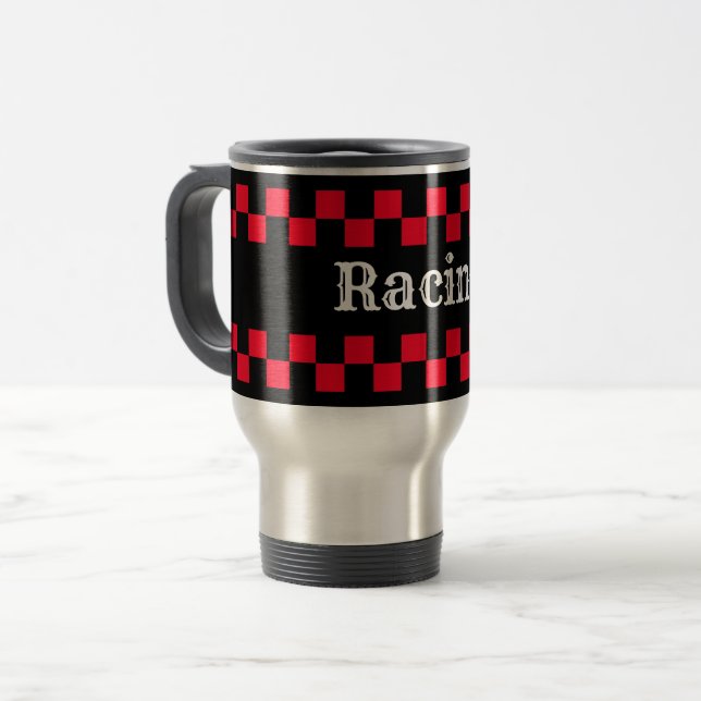 Röd och svart rutig racing resemugg (Framsida vänster)