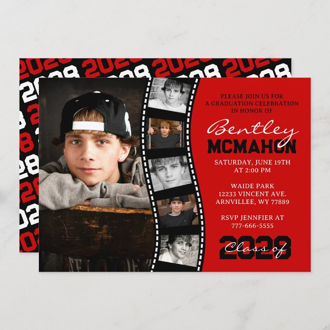 Röd och svart, unik filmremsa 6 Photo Studenten Inbjudningar (Red & Black 6 Photo Filmstrip Collage Graduation Invitation - Printed with Envelopes or Digital)