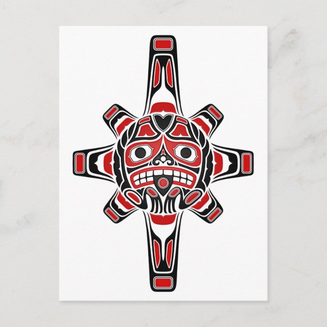 Röd- och Svarta Haida-Sol-mask på vit Vykort (Framsida)